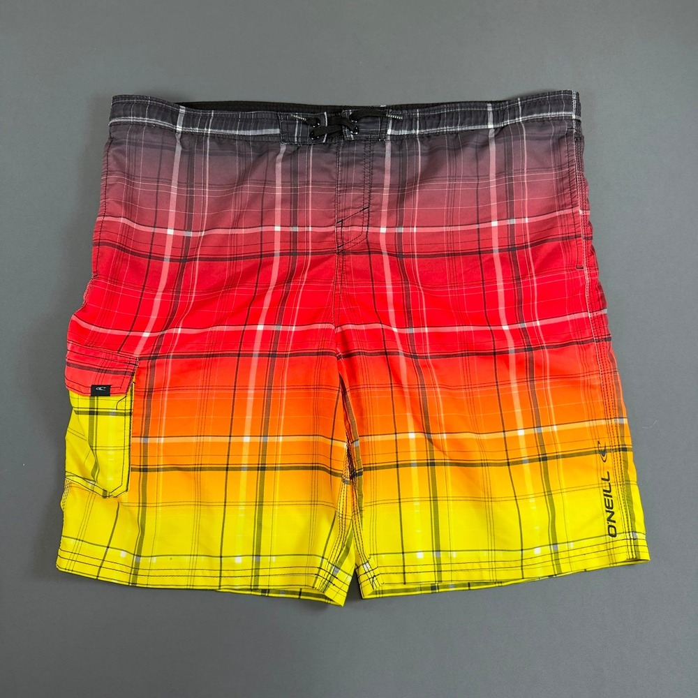 O'Neill Board Shorts Swim Trunks Plaid Gradient Red Yellow Men's XL Surf Beach